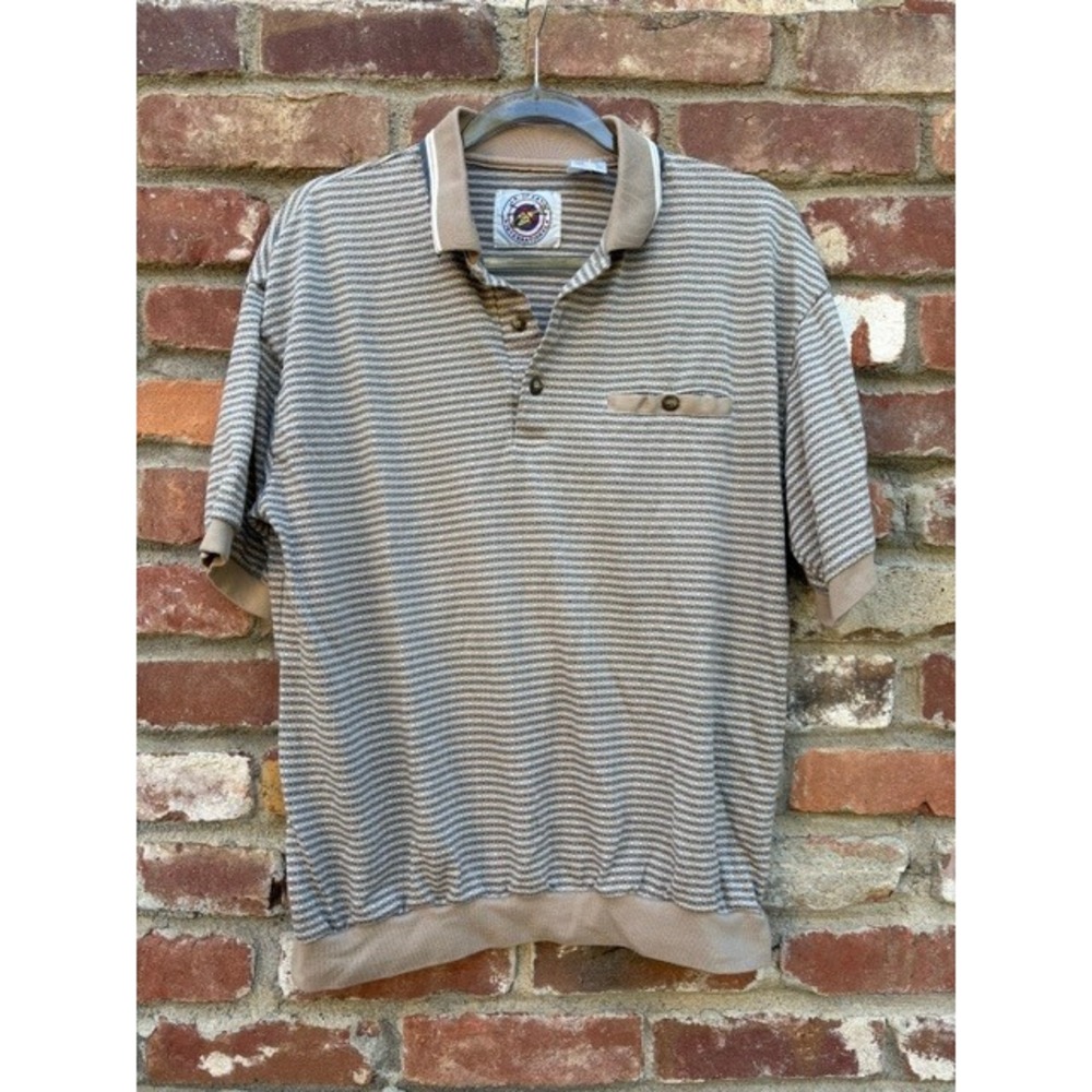 Vintage LD-Sport International Mens Tan Striped Banded Hem Polo Shirt Large 7646